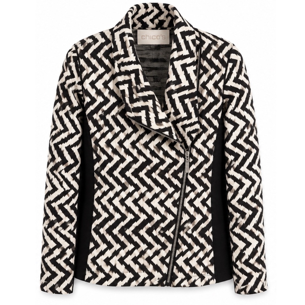 Chicos Black White Geometric Chevron Jacquard Moto Jacket Asymmetrical Zip Sz 2